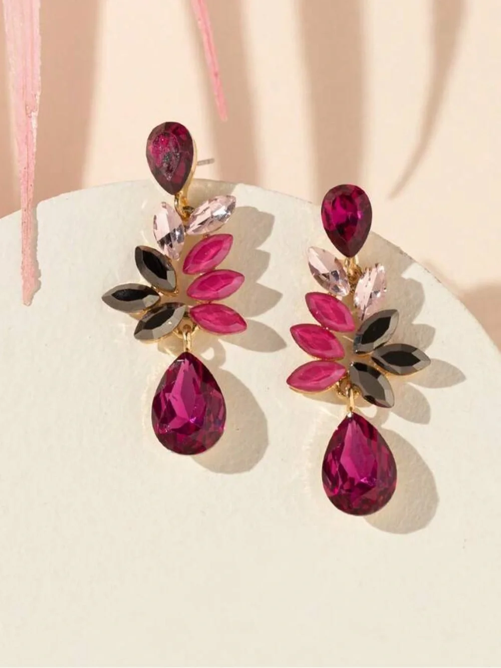 Elegant Pink Teardrop Crystal Leaf Earrings